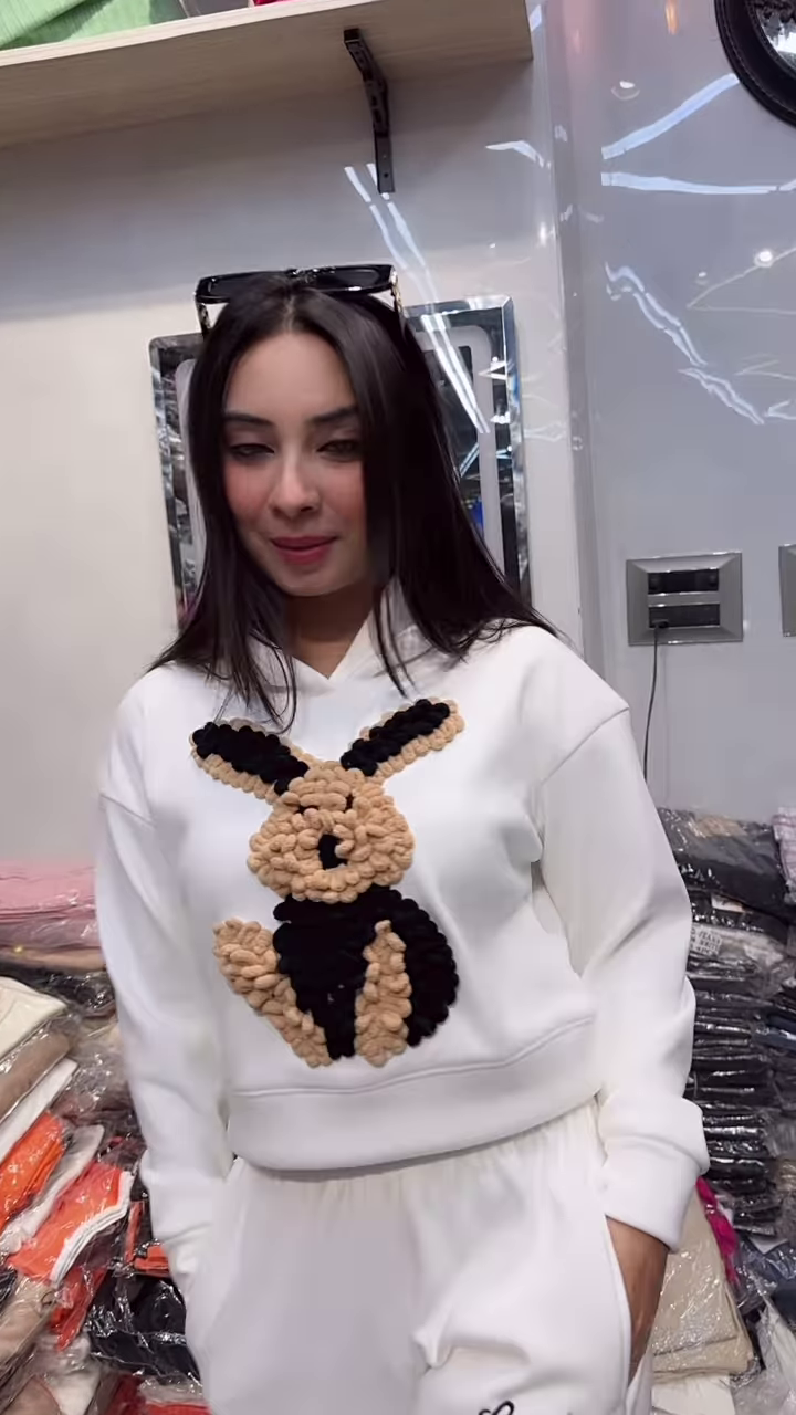 Bunny Print Hoodie & Jogger Co-ord Set – White & Brown Combo - Image 2