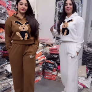 Bunny Print Hoodie & Jogger Co-ord Set – White & Brown Combo