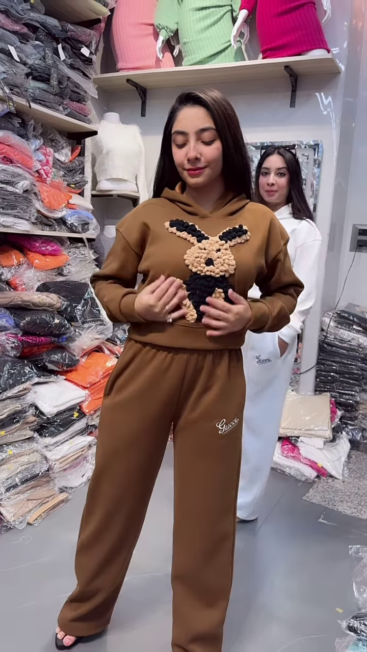 Bunny Print Hoodie & Jogger Co-ord Set – White & Brown Combo - Image 4