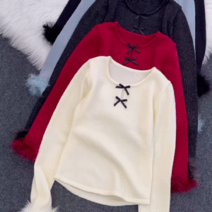 Fur-Cuffed Bow Detail Sweaters 🧥 Available in Black, Light Blue, Dark Grey, Red & Cream