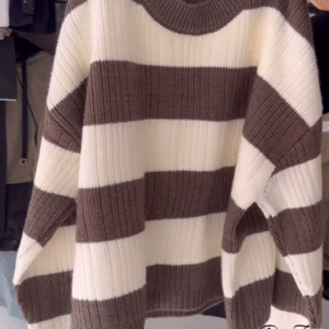 Ribbed Stripe Knit Sweaters 🧶 Horizontal Pattern – Black, Brown, Gray & Pink Variants