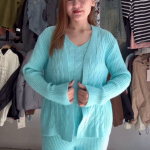 Textured Knit Co-ord Sets 🧶🩶 With Cardigans & V-Neck Sweaters – Black, Blue & Grey Variants