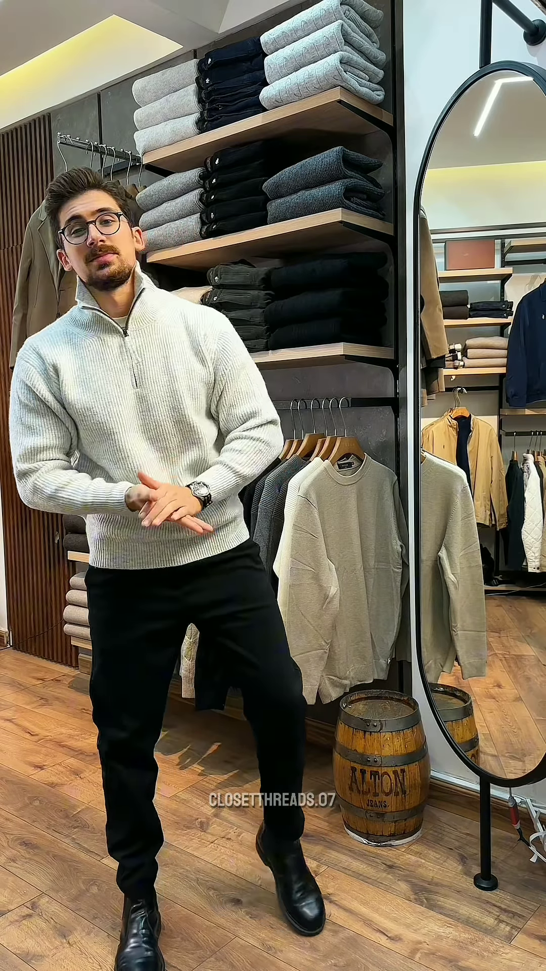 Zip-Up Knit Sweater π§₯πͺ β Soft Grey Layer with Black Pants Styling in Store Visual - Image 2