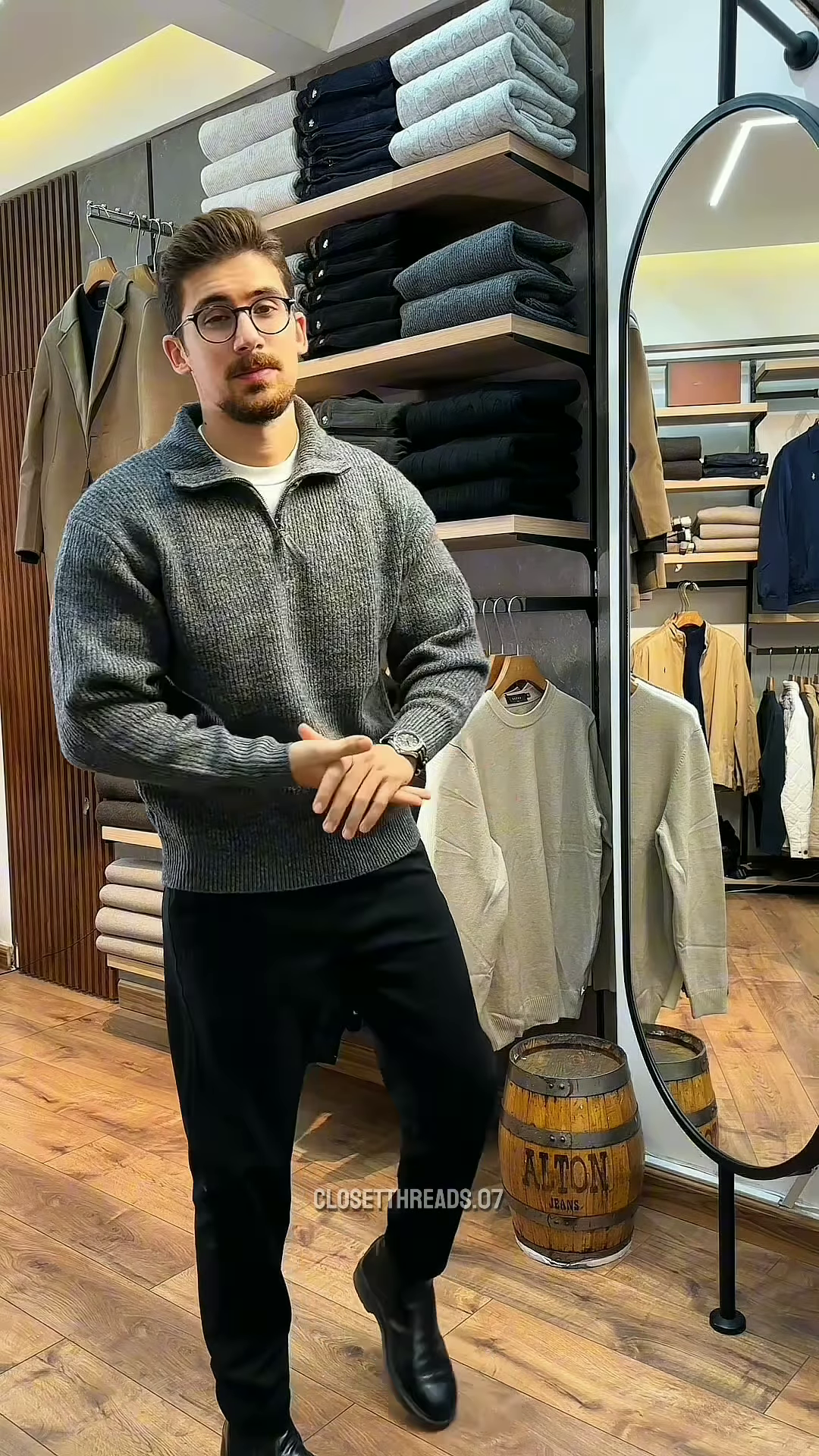 Zip-Up Knit Sweater π§₯πͺ β Soft Grey Layer with Black Pants Styling in Store Visual