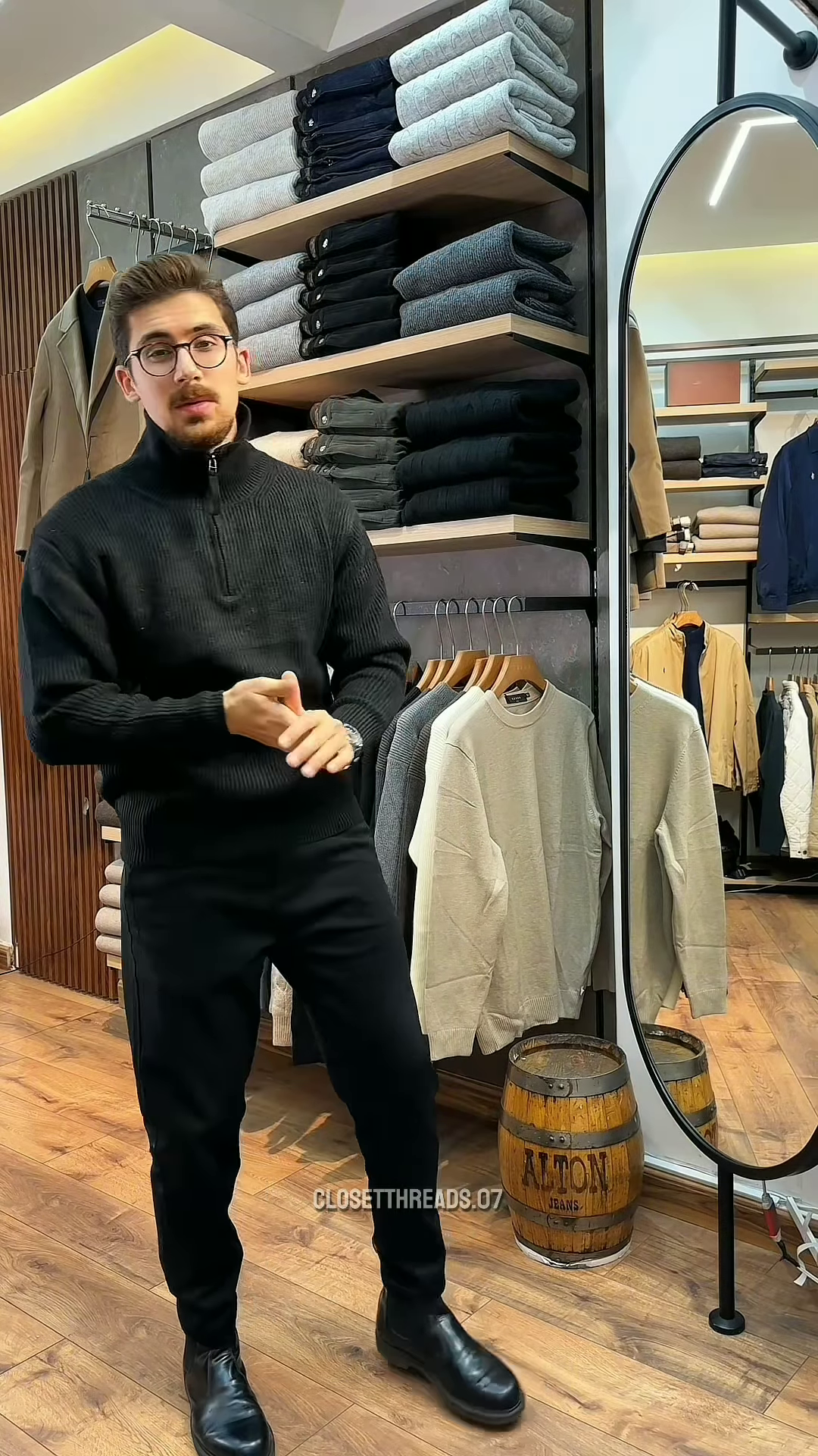 Zip-Up Knit Sweater π§₯πͺ β Soft Grey Layer with Black Pants Styling in Store Visual - Image 3