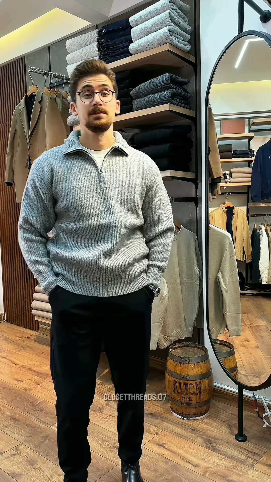 Zip-Up Knit Sweater π§₯πͺ β Soft Grey Layer with Black Pants Styling in Store Visual - Image 4