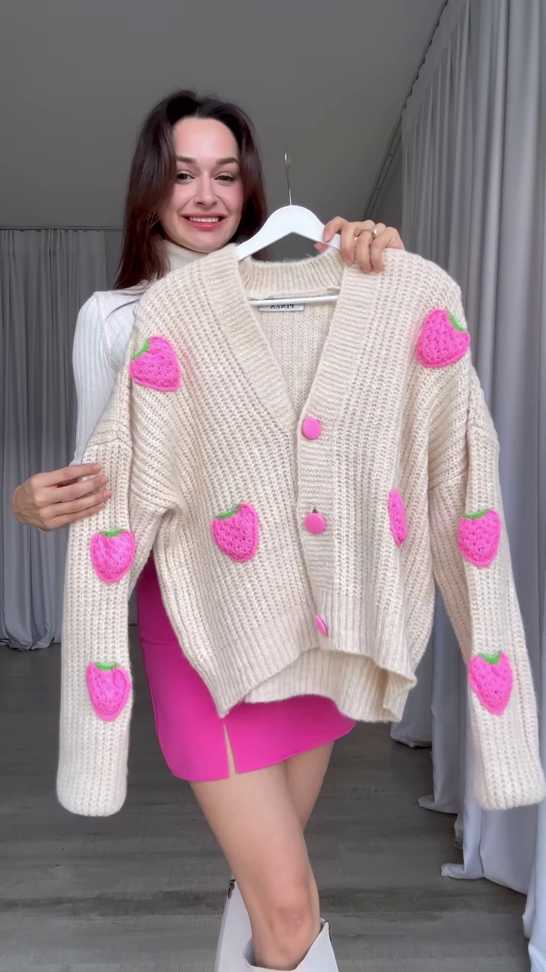 Strawberry-Patch Knit Cardigan ππ§₯ with Pink Buttons β Styled with Turtleneck, Mini Skirt & Boots - Image 2