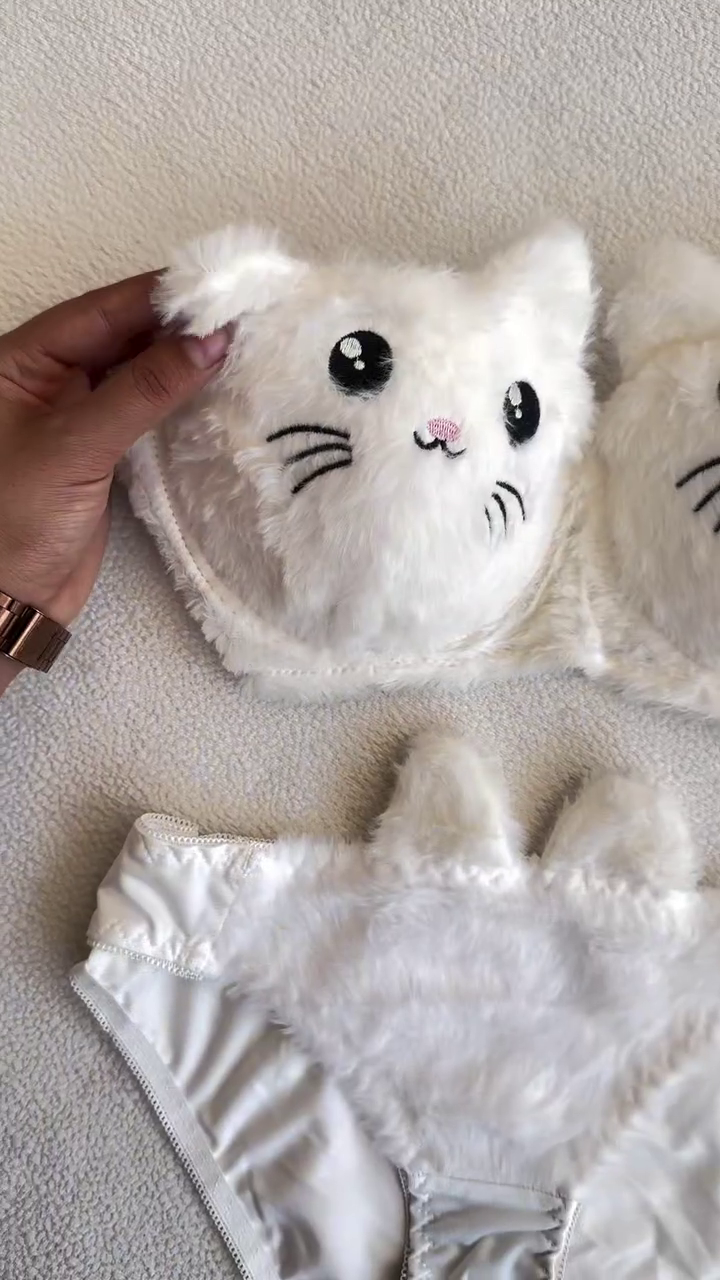 Furry Cat-Face Bras π±π β Plush Lingerie Tops in Pink, White & Red Variants with Embroidered Details - Image 2