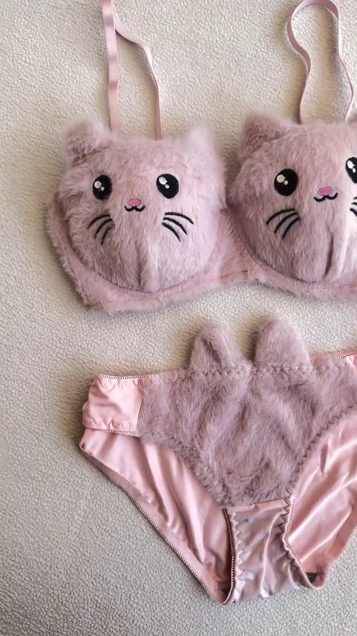 Furry Cat-Face Bras π±π β Plush Lingerie Tops in Pink, White & Red Variants with Embroidered Details - Image 3