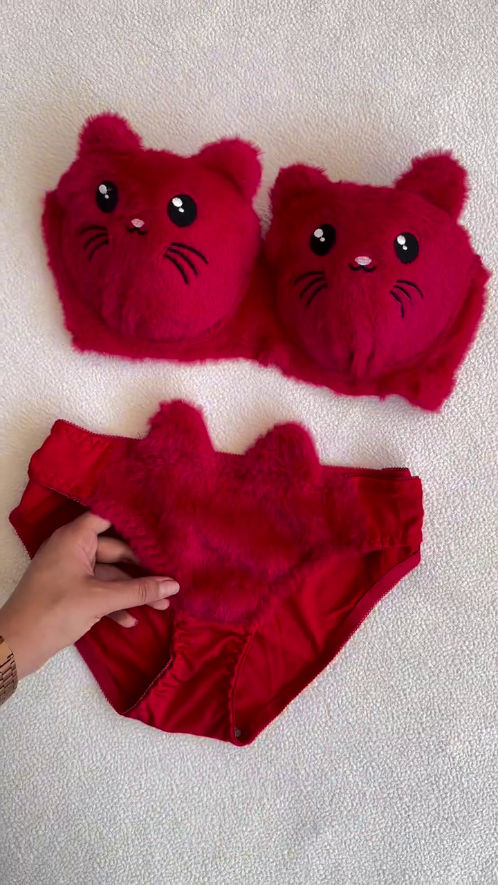 Furry Cat-Face Bras π±π β Plush Lingerie Tops in Pink, White & Red Variants with Embroidered Details - Image 4