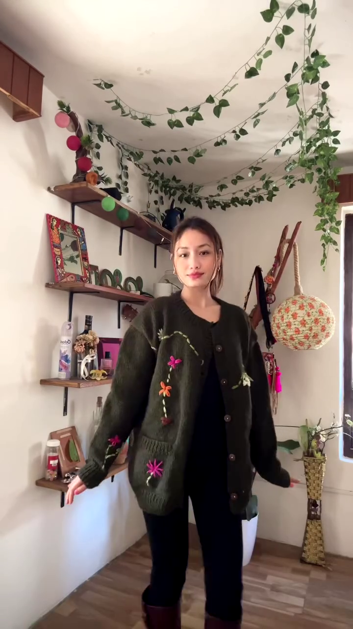 Floral Embroidered Knit Cardigan 🌿🧥 – Dark Green Layer Styled with Black Pants & Brown Boots - Image 2