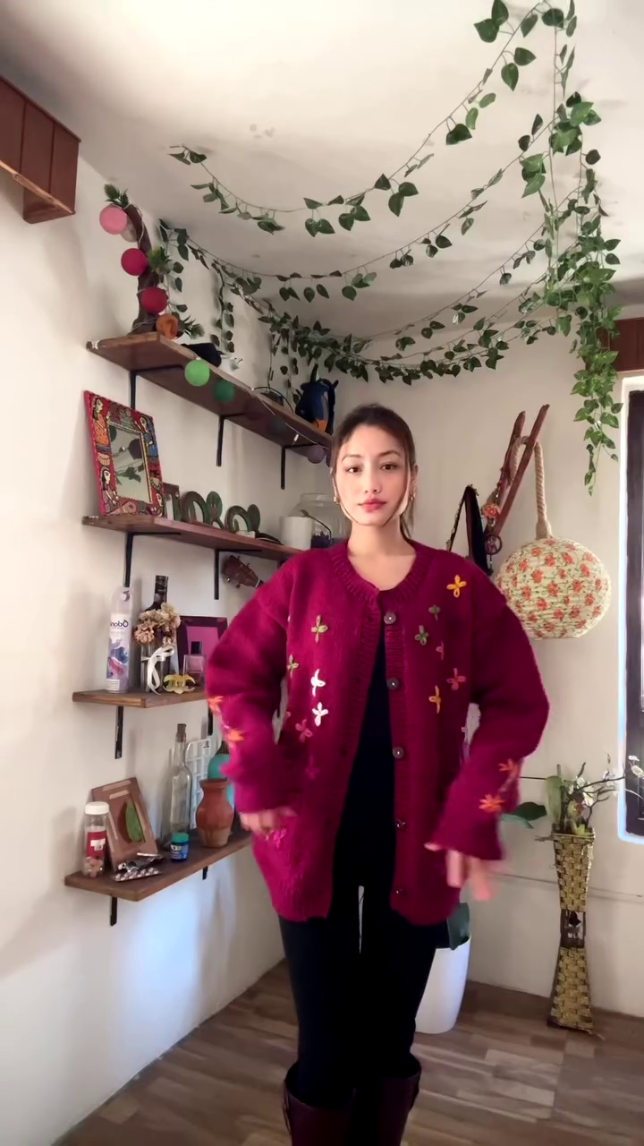 Floral Embroidered Knit Cardigan 🌿🧥 – Dark Green Layer Styled with Black Pants & Brown Boots - Image 4