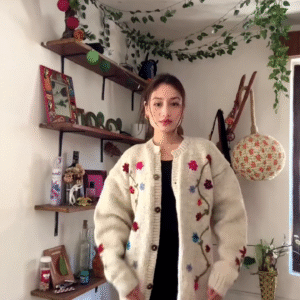 Floral Embroidered Knit Cardigan 🌿🧥 – Dark Green Layer Styled with Black Pants & Brown Boots