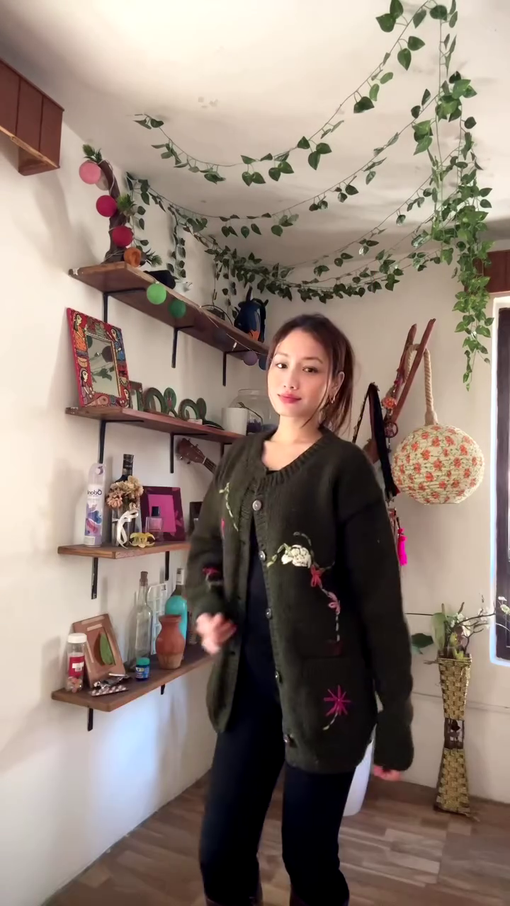 Floral Embroidered Knit Cardigan 🌿🧥 – Dark Green Layer Styled with Black Pants & Brown Boots - Image 7