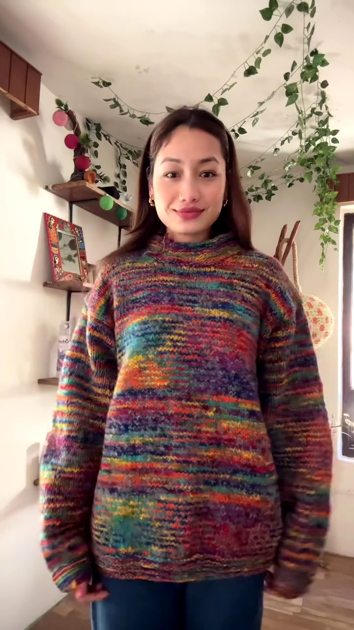 Handmade Multicolor Textured Knit Sweater ๐๐งถ โ Cozy Rainbow Layer Styled in Decor-Rich Setting