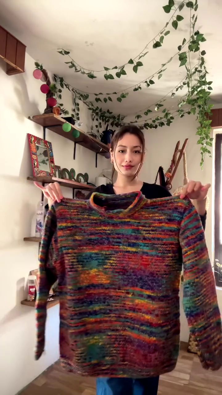Handmade Multicolor Textured Knit Sweater ๐๐งถ โ Cozy Rainbow Layer Styled in Decor-Rich Setting - Image 3