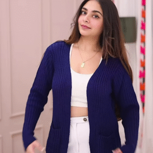 Blue-Toned Knitwear Trio 🧥💙 – Striped Sweater, Navy Cardigan & Cable-Knit Co-Ord Set