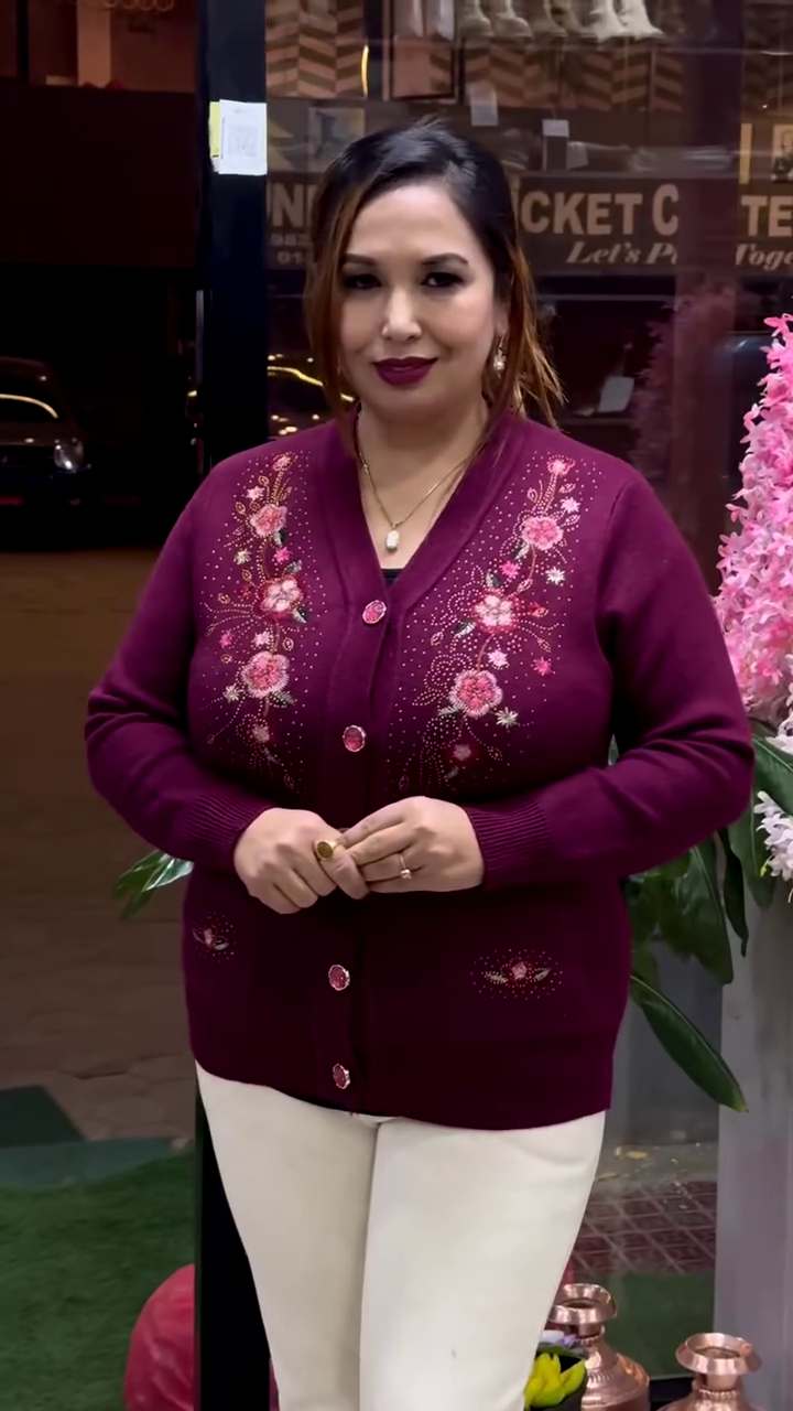 Floral Embroidered Knit Cardigans πΈπ§₯ β Beige, Maroon & Purple Variants with Button-Up Front & Pocket Detailing
