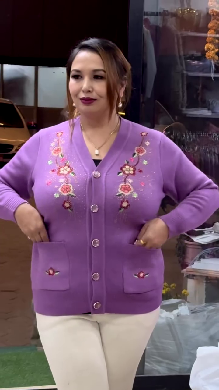 Floral Embroidered Knit Cardigans πΈπ§₯ β Beige, Maroon & Purple Variants with Button-Up Front & Pocket Detailing - Image 3