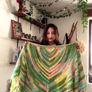 Multicolor Crocheted Shawl with Fringe Detailing 🧶🌈 – Boho Knit Layer Styled Over Black Top