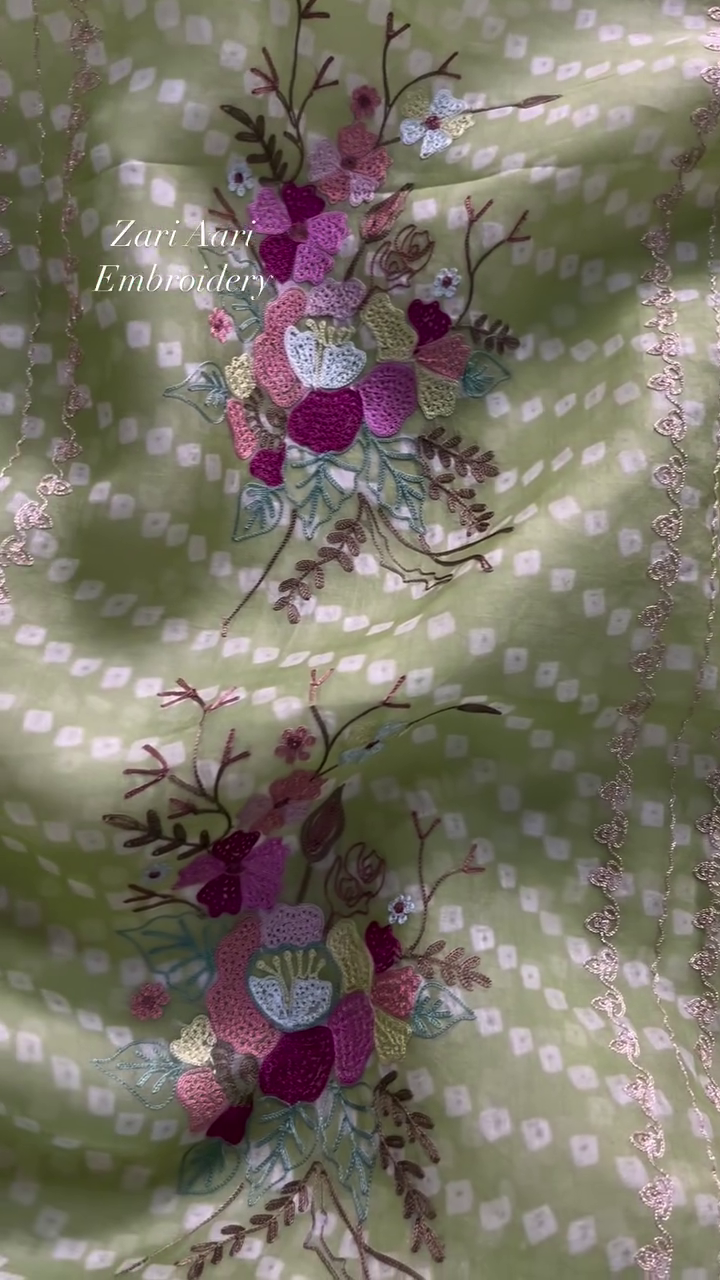 Vibrant Zari Aari Embroidered Floral Fabric - Image 3
