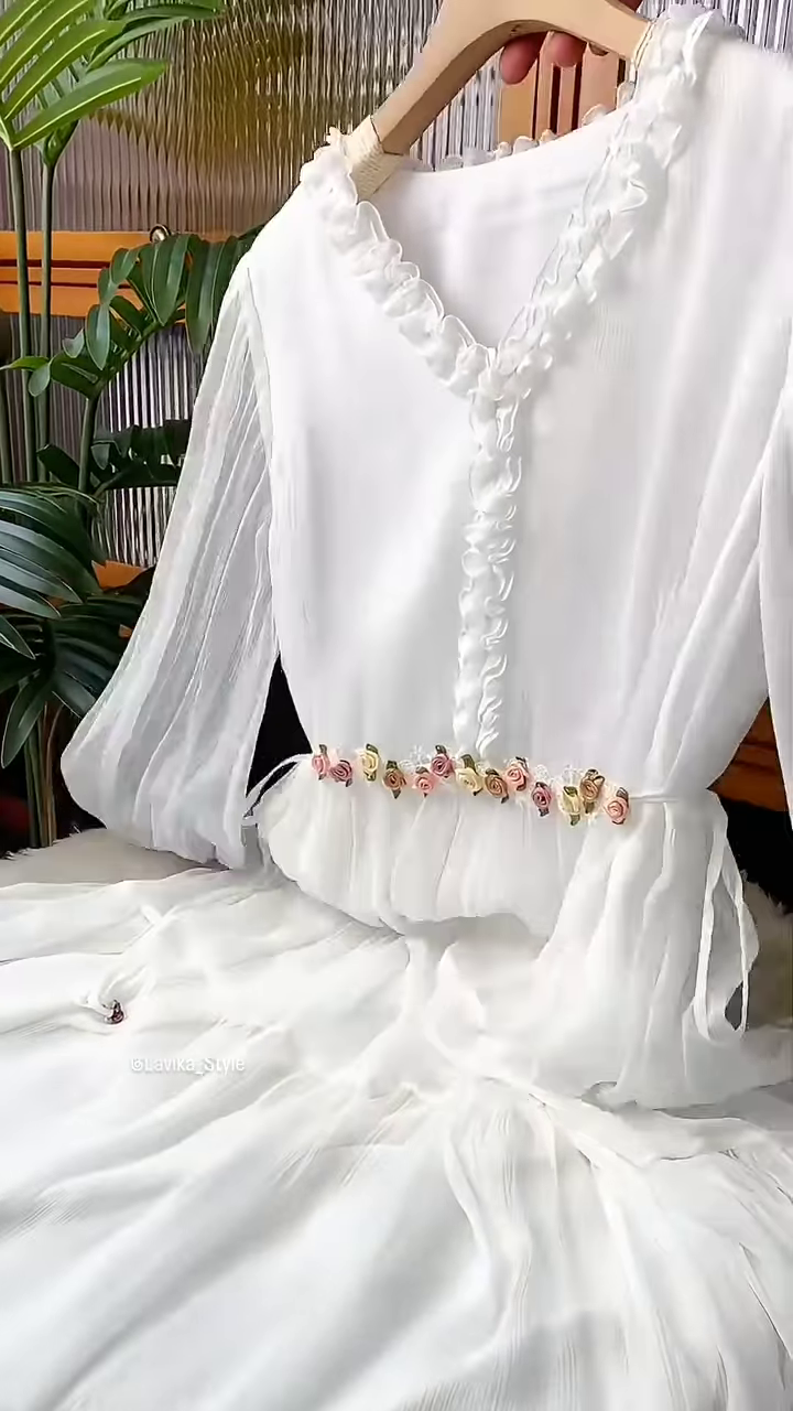 Ethereal White Ruffled Maxi Dress with Floral Embellishments - Image 3