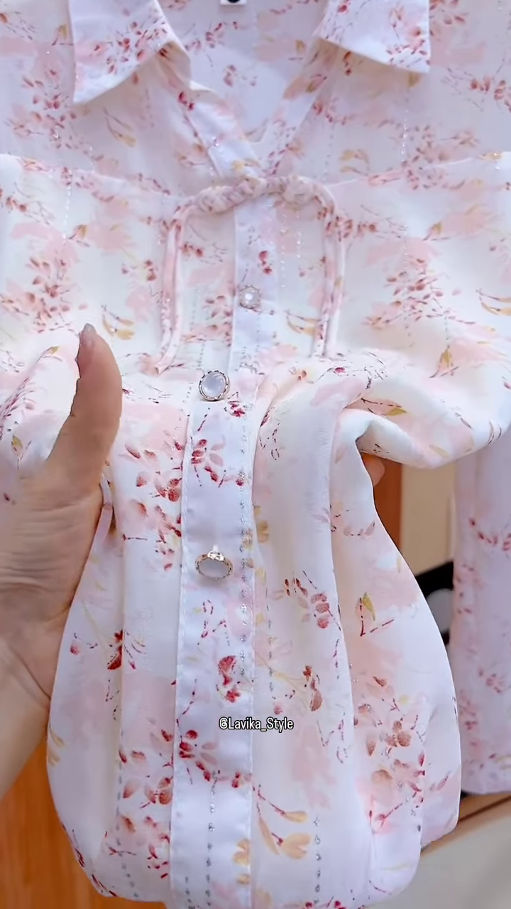 Delicate Floral Sheer Blouse with Front Tie Detail - Image 3