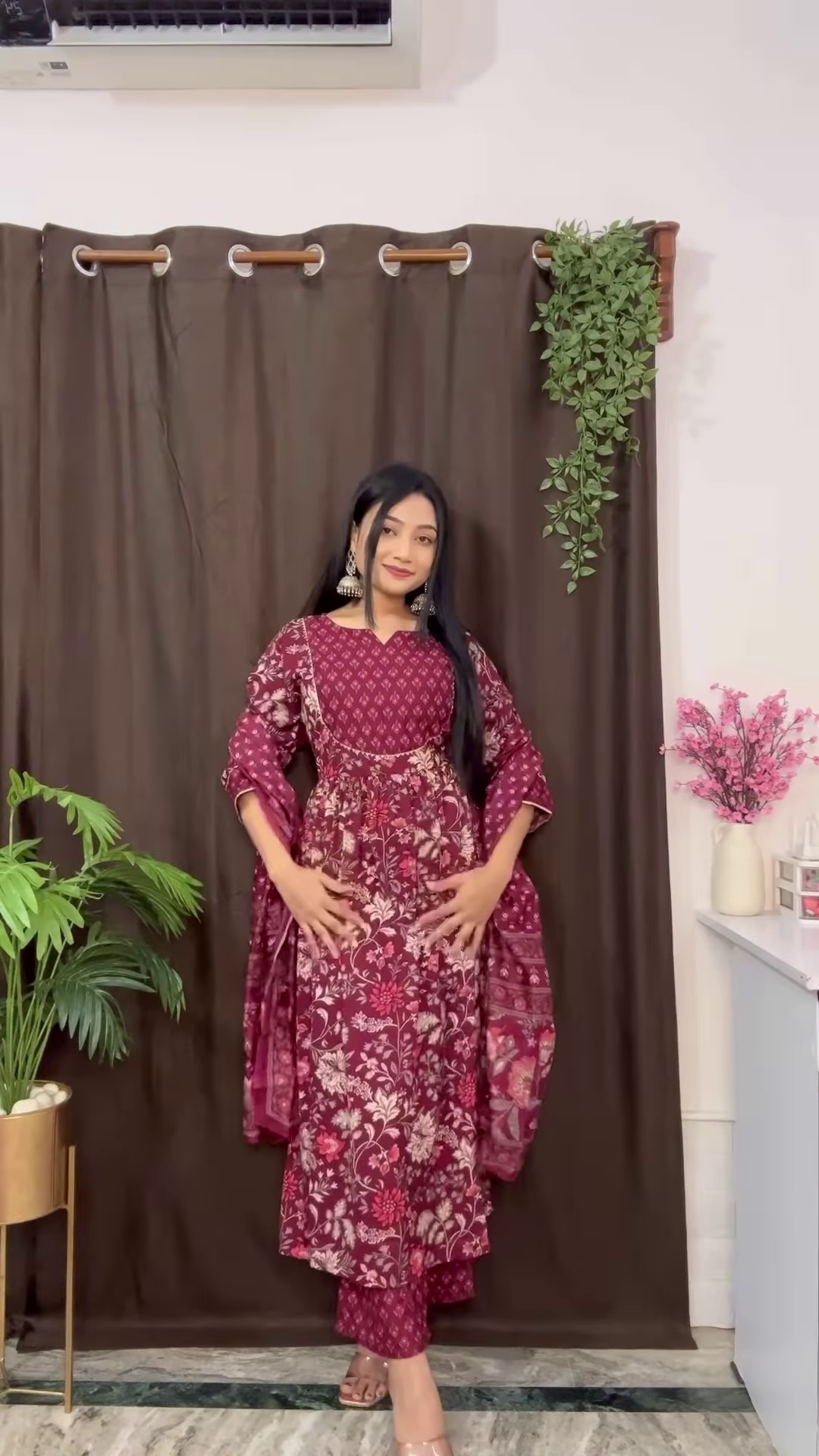 Rich Maroon Floral Ethnic Set with Flared Sleeves - Image 8