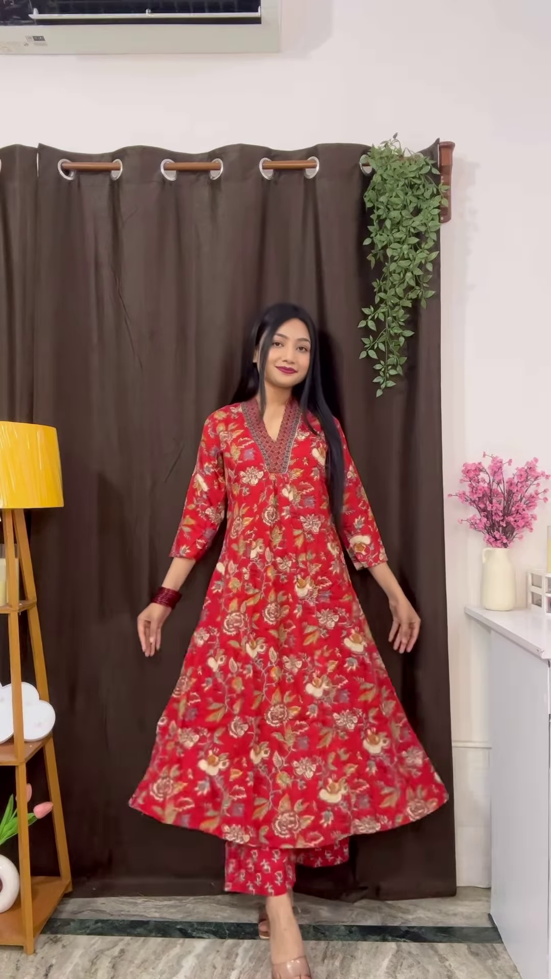 Rich Maroon Floral Ethnic Set with Flared Sleeves - Image 3