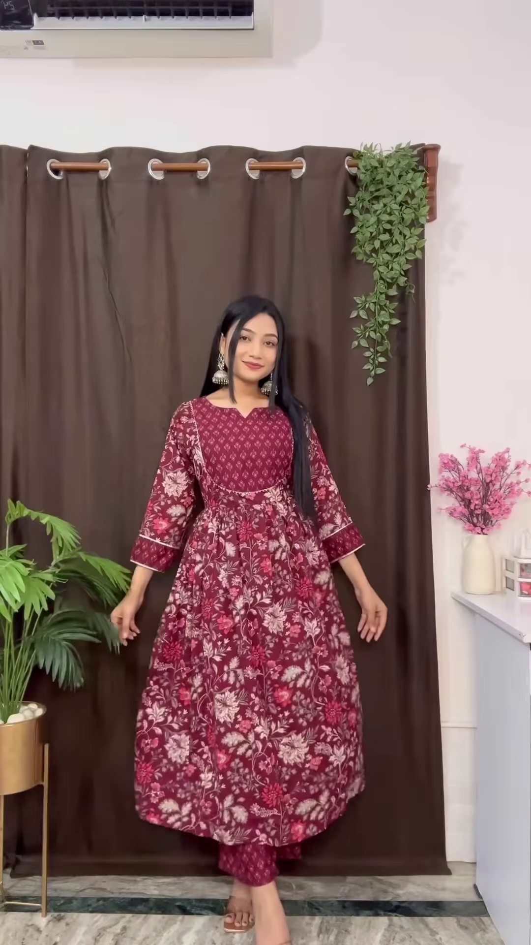 Rich Maroon Floral Ethnic Set with Flared Sleeves - Image 2