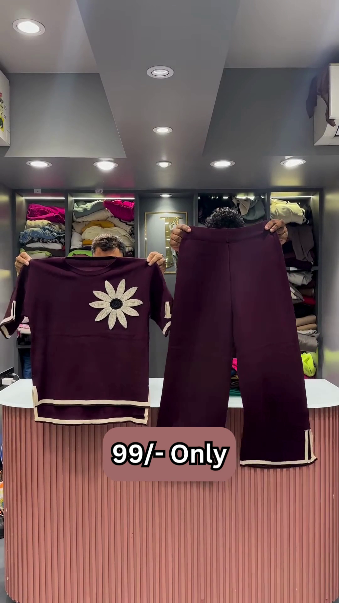 Maroon Two-Piece Sweater Set with Embroidered Daisy