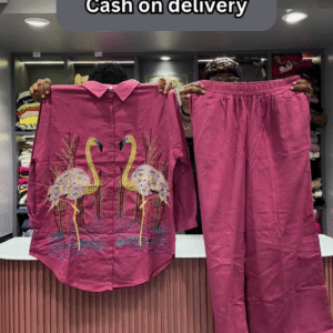 Hot Pink Flamingo Embroidered Two-Piece Set