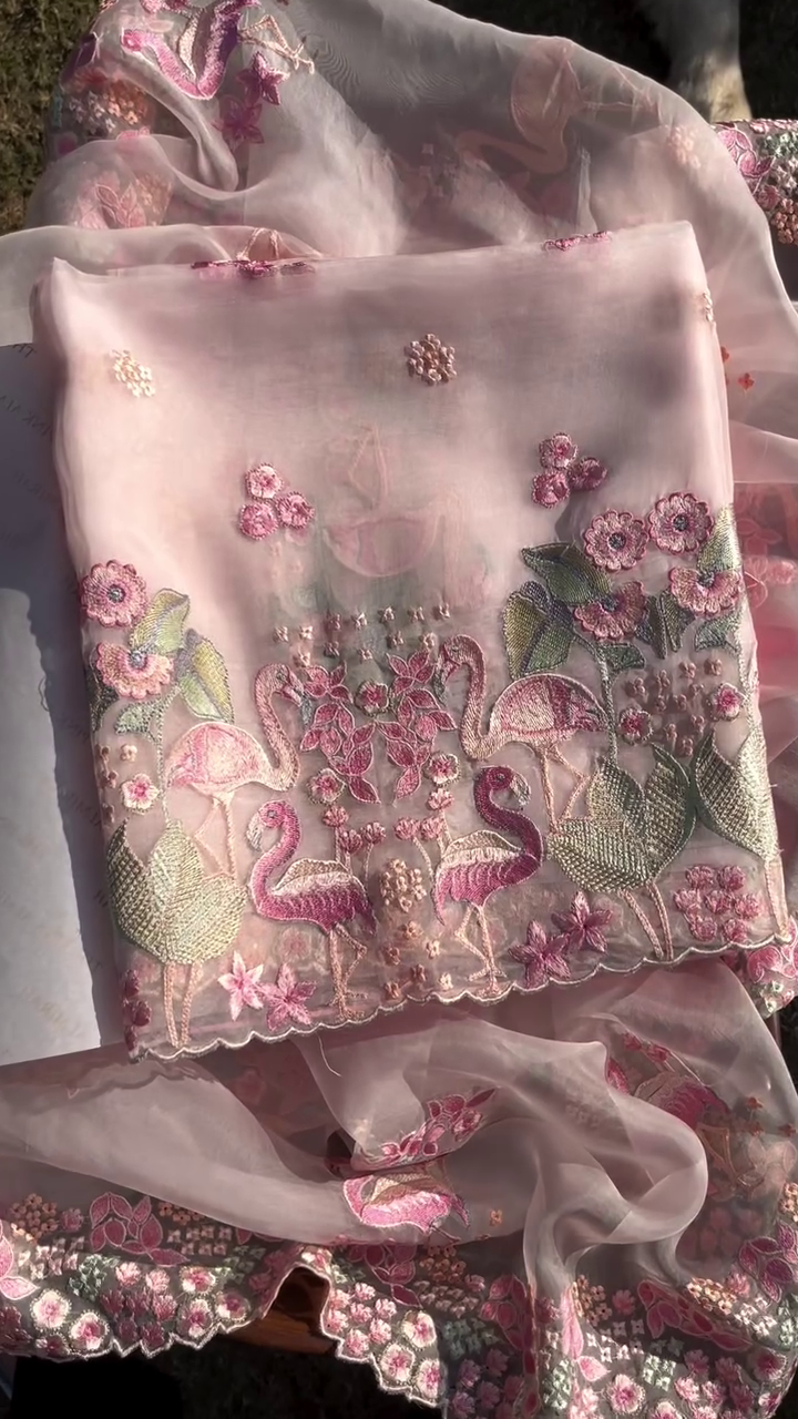 Exquisite Dusty Rose Sheer Fabric with Flamingo Embroidery - Image 4