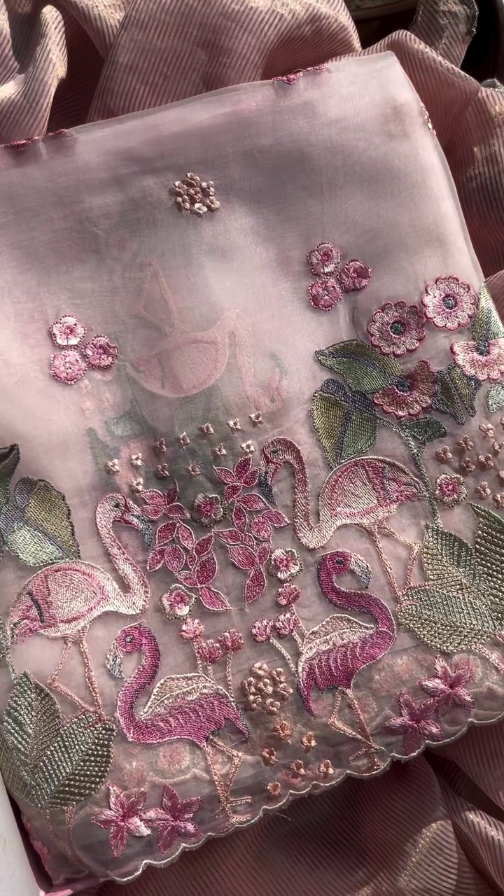 Exquisite Dusty Rose Sheer Fabric with Flamingo Embroidery - Image 2