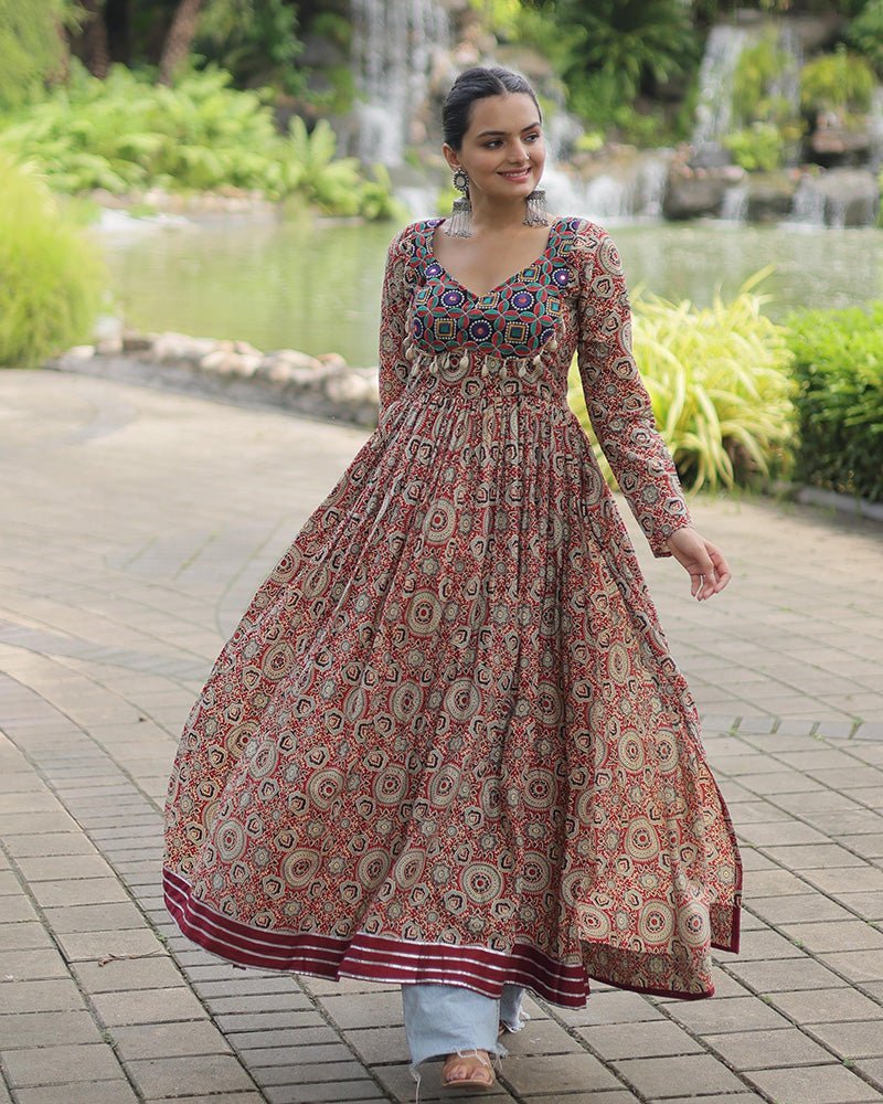 Maroon Color Cotton Printed Navratri Kurti