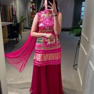 Rani Pink Color Gaji Silk Three Piece Sharara Suit