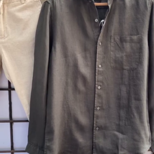 Men’s Casual Olive Green Linen Shirt & Beige Cotton Trouser Set – Breathable & Stylish Summer Outfit (7 Color Options)
