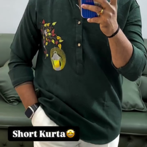 Men’s Designer Short Kurta – Maroon Ethnic Shirt Style with Printed Detail (10 Colors Available)