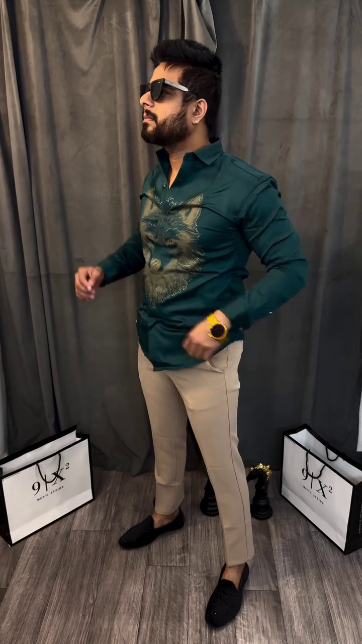 Men’s Teal Wolf Design Shirt – Embellished Animal Graphic | Luxe Party Wear - Image 2