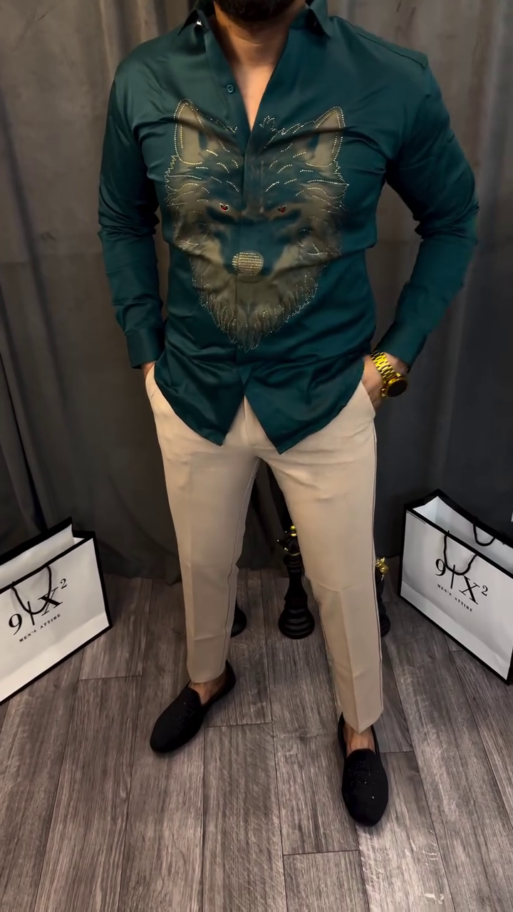 Men’s Teal Wolf Design Shirt – Embellished Animal Graphic | Luxe Party Wear