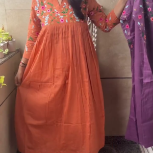 Women's Floral Embroidered Anarkali Kurti | 2 Colour Options – Orange & Purple