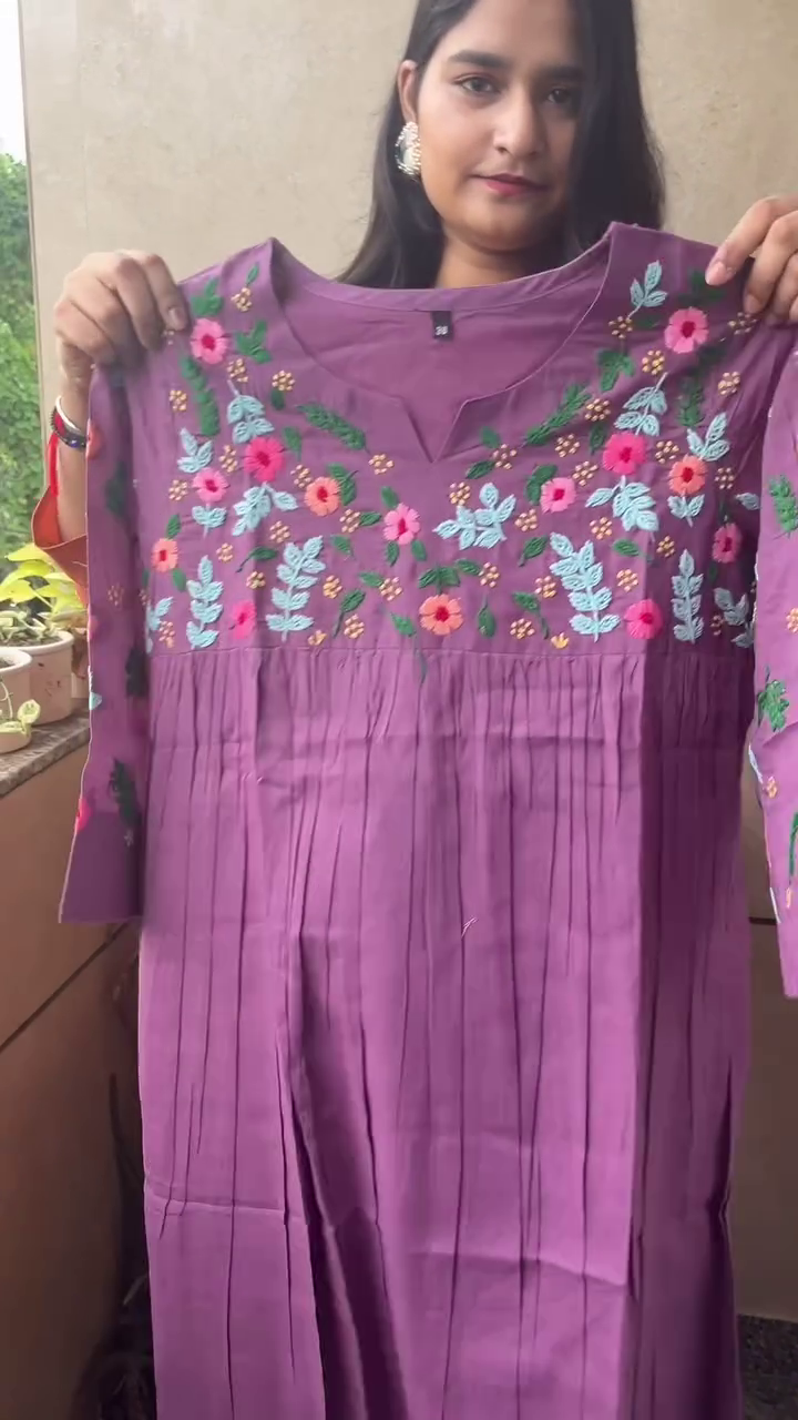 Women's Floral Embroidered Anarkali Kurti | 2 Colour Options – Orange & Purple - Image 2