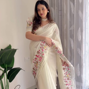 Elegant Off-White Embroidered Saree with Floral Border | Ethnic Chic