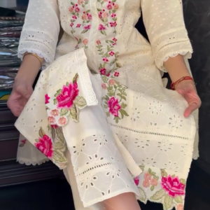 Elegant Cream Embroidered Cotton Kurti Set with Floral Detailing – Ethnic Wear for Women
