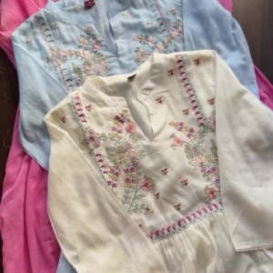 Pastel Embroidered Cotton Kurtis for Women – Set of 3 Stylish Colors (Pink, Blue, White)