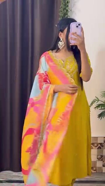 Festive Yellow Embroidered Kurta Set with Multicolor Dupatta – 10 Color Variants | Ethnic Wear for Women - Image 6