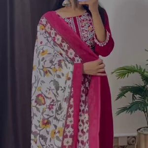 Elegant Magenta Embroidered Kurta Set with Floral Printed Dupatta – 8 Color Variants | Ethnic Wear for Women