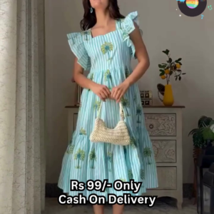 Trendy Sky Blue Cotton Frock Dress with Palm Tree Print – Rs.99 Only | 6 Color Options | Cash on Delivery