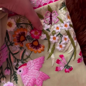 Olive Green Embroidered Fabric with Floral & Bird Motifs | Multicolor Threadwork Fabric for Suits & Kurtis