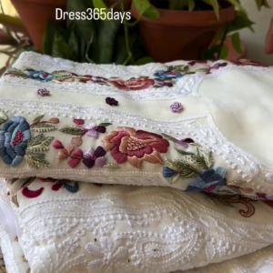 White Chikankari Fabric with Multicolor & Gold Embroidery | Eid Festive Collection by Dress365days
